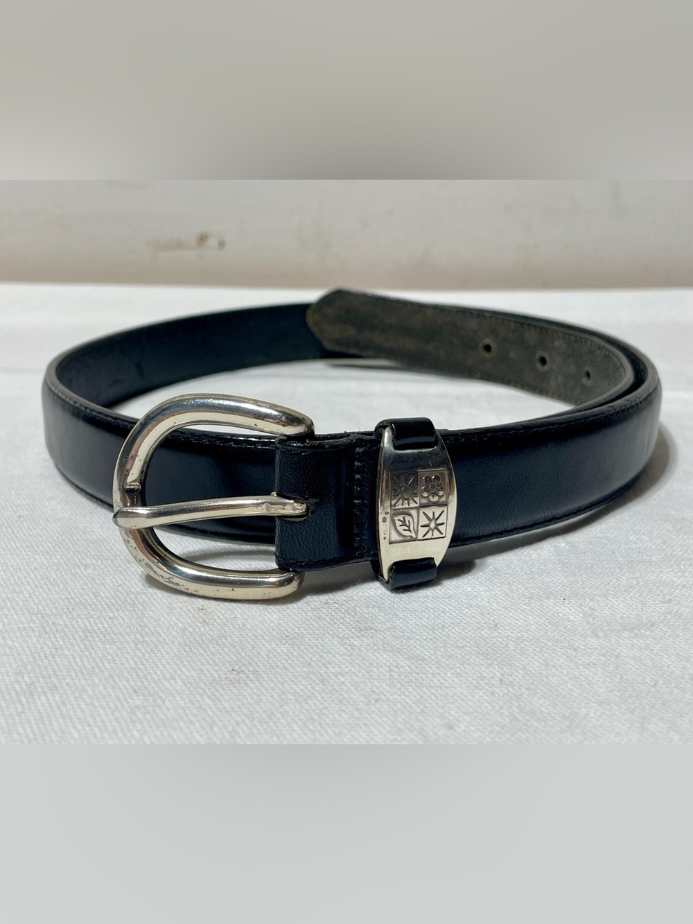 Vintage L.L. Bean Leather Belt Womens S Black USA Made Silver Brass Buckle 1”